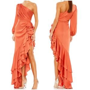 Mac Duggal NWT One Sleeve Cut Out Asymmetrical Ruffled Gown Orange Size 0 Satin